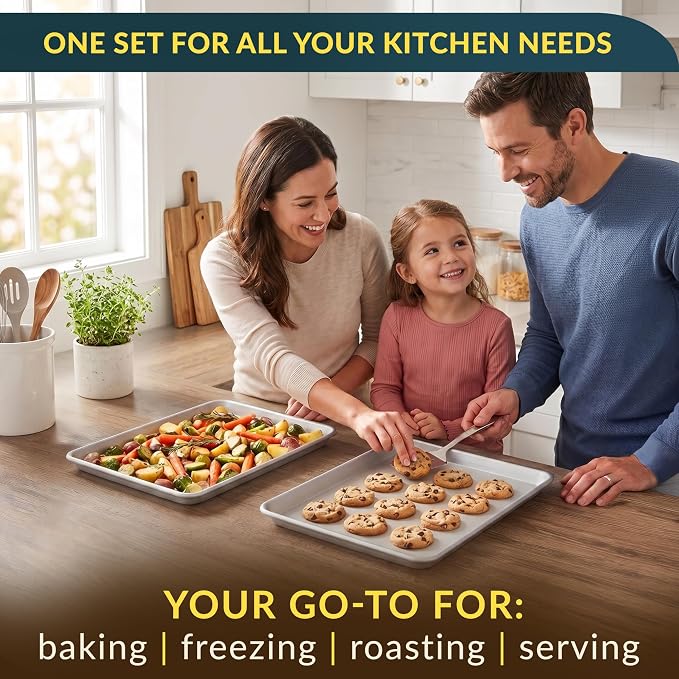 Aluminum Cookie Sheets for Baking Set of 2, 13x9" Quarter Sheet Pans | Anti-warp with reinforced steel rim; even-heat, rust-resistant & easy to clean; food-grade, oven-safe