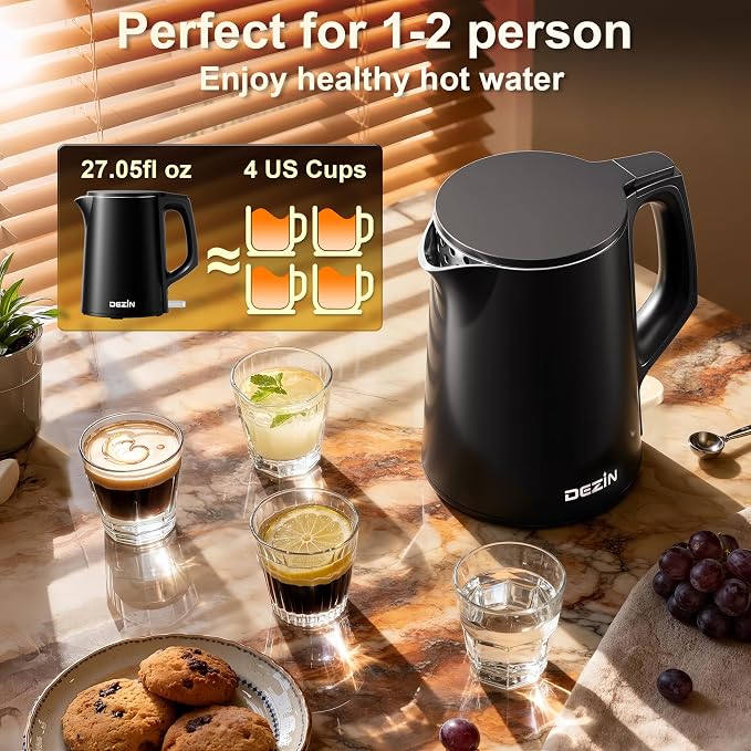 Dezin 0.8L Small Electric Kettle, Stainless Steel Portable Travel Kettle | Double Wall Construction, Auto Shut-Off, 800W Fast Boiling, Compact Tea Kettle for Business Trip, Home, Office, Hotel, Dorm