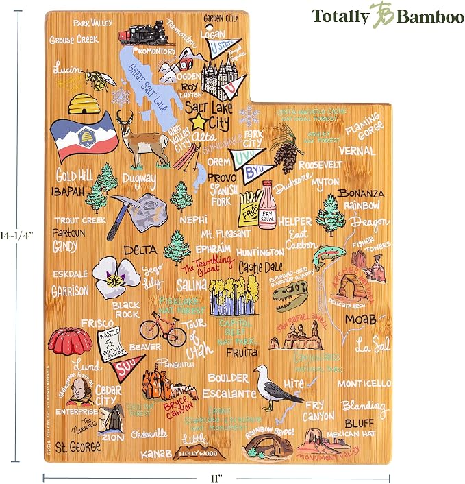 Totally Bamboo Utah State Shaped Cutting Board, Art by Fish Kiss | State charcuterie board with colorful hand-drawn map artwork. Smooth reverse side for food prep. Hang tie for wall display.