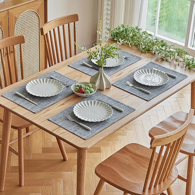 Softalker Faux Linen Placemats Set of 4-12 x 18 Inch, Heat Resistant Double Layered Durable Burlap Farmhouse Place Mats, Non-Slip Washable Rustic Table Mats for Dining, Kitchen, Party(Light Grey
