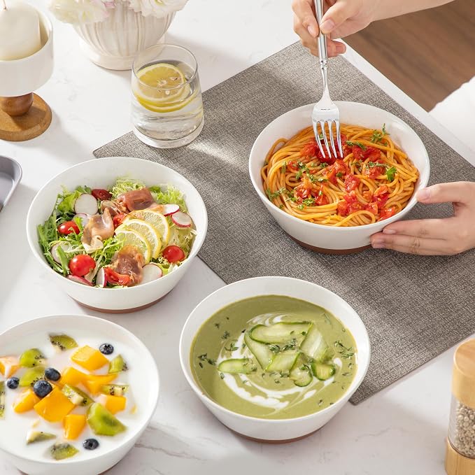 MALACASA Soup Bowls, Ceramic Salad Bowls Set of 4, 36oz Ceramic Bowls | Speckled Deep Bowls for Ramen, Cereal, Fruit and Pho, Microwave & Dishwasher Safe, Vanilla White & Brown, Series TARA