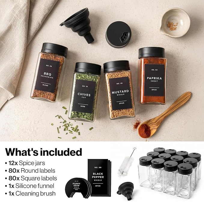 Glass Spice Jars with Labels & Black Rotating Lids – 12 Large Square Airtight Containers 6.7 oz / 200ml with Shaker Inserts, Funnel & 160 Waterproof Labels for Kitchen Pantry Organization