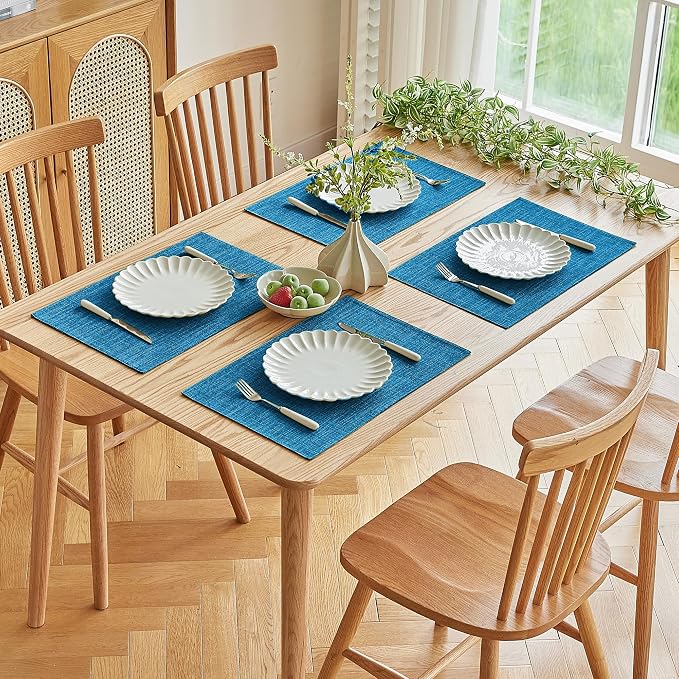 Softalker Faux Linen Placemats Set of 4-12 x 18 Inch, Heat Resistant Double Layered Durable Burlap Farmhouse Place Mats, Non-Slip Washable Rustic Table Mats for Dining, Kitchen, Party(Sky Blue