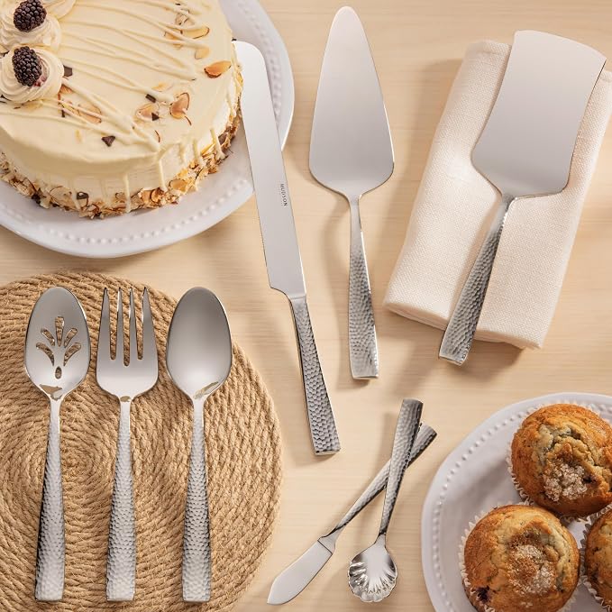 Hudson Essentials Hammered 18/10 Stainless Steel Hostess Serving Utensil Set, 8-Piece Set with Cake Knife, Cake Server and Lasagna Pie Server, Dishwasher Safe