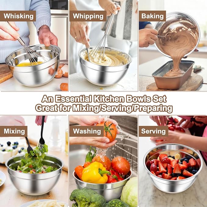 TeamFar Mixing Bowls, Stainless Steel Salad Bowls with Lids - Khaki | Nesting Bowls with Non-slip Bottom, for Kitchen Baking Preparing Serving, Stackable & 6PCS - 4.6 /2.6 /2 / 1.5 /1 / 0.7 Qt
