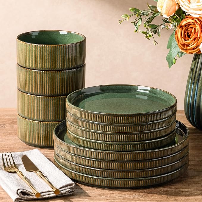 GBHOME Stoneware Dinnerware Sets for 4, 12 Pieces Plates and Bowls Set | Lightweight Ceramic Ribbed Dishes,Reactive Glaze Stackable Plate Set,Scratch Resistant,Microwave&Dishwasher Safe,Sage Green