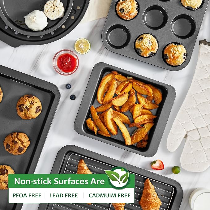 Bakeware Sets, Baking Pans Set with Kitchen Oven Mitts, Nonstick Oven Pan for Kitchen with Wider Grips, 12-Piece Including Rack, Cookie Sheet, Cake Pans, Loaf Pan, Muffin Pizza Pan