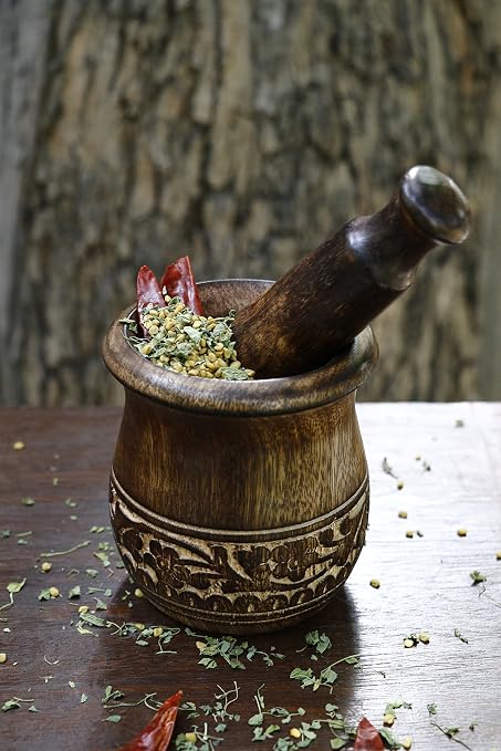 GoCraft Wooden Carved Mortar and Pestle | Grinder for Herbs, Spices and Kitchen Usage, Natural Mango Wood Engraved | Handmade Mortar and Pestle - 3.5 in