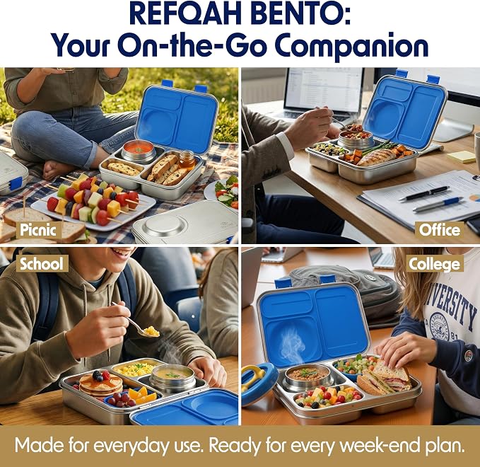 Stainless Steel Bento Lunch Box with 8 oz Insulated Food Jar – 54 oz – Leak-Resistant 3-Compartment Kids & Adult Metal Meal Container with Silicone Container and Thermo for Work & School, BPA-Free