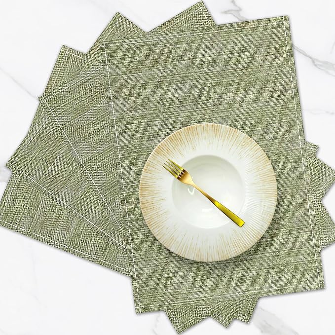 Green Placemats Set of 4, 12x18 Inch Faux Linen Table Mats | Heat Resistant and Washable Design, Easy to Clean Surface for Dining Rooms, Kitchens, Outdoor Parties and Everyday Home Decor
