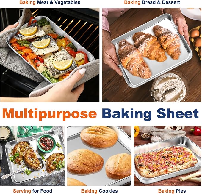 P&P CHEF Baking Sheet Pan, Stainless Steel Cookie Sheet, 10.5 Inch & 2 Pcs | Oven Tray Sheet Pan for Baking & Serving, Baking Tray for Multi Uses, Heavy Duty & Non-toxic, Rust Free & Dishwasher Safe