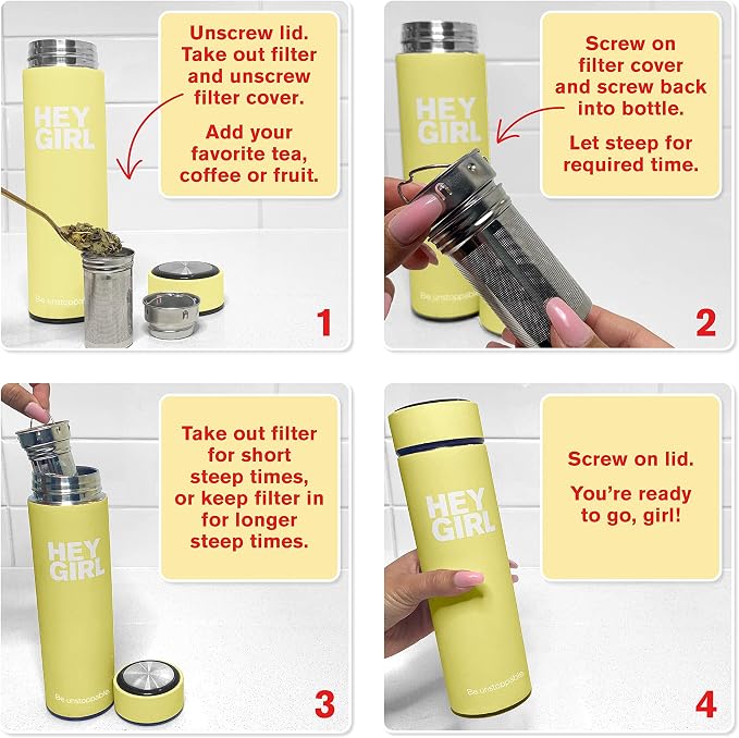 Hey Girl Tea Infuser Bottle 450ml - Insulated Stainless Steel Water Bottle - Tea Tumbler with Tea Diffuser - Portable Travel Mug for Loose Leaf Tea & Infused Water - Tea Lovers Gifts for Women