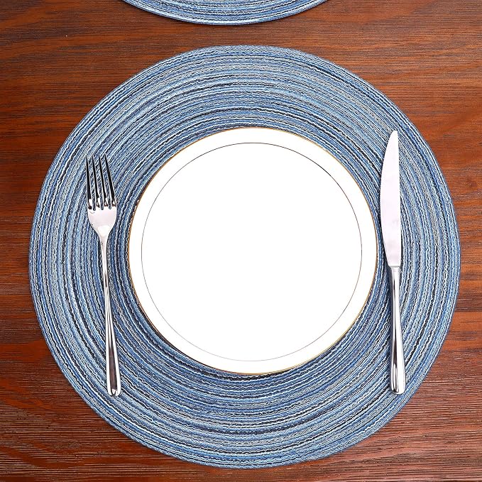 SHACOS Round Braided Placemats Set of 4 Dining Table Placemats 15 inch Circle Place Mats Easy to Clean Table Mats Indoor Outdoor, Blue Gray