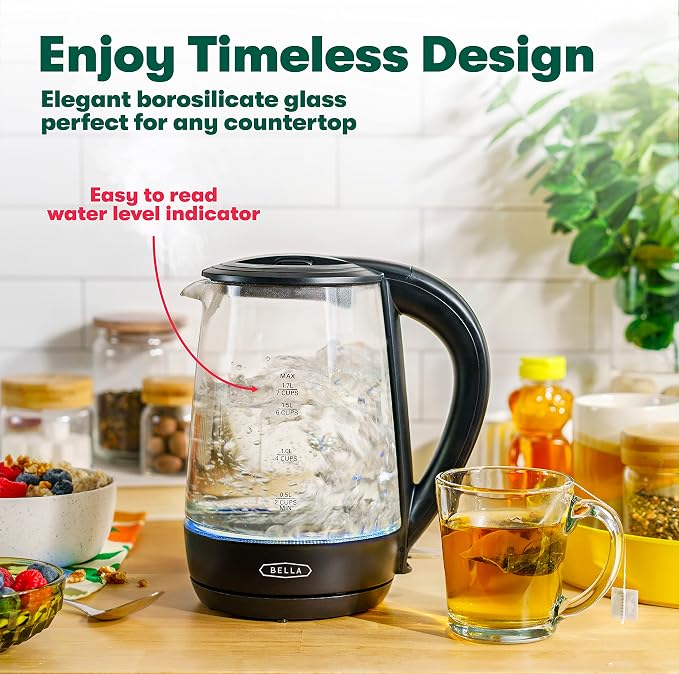 bella 1.7 Liter Glass Electric Kettle, Quickly Boil 7-cups of water, Black