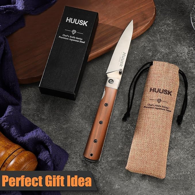 Huusk Japanese Folding Fruit Knife - Pocket Paring Knives | 440C Stainless Steel, Ultra Sharp Blade, Wooden Handle, Gift Box, Portable Kitchen Knives