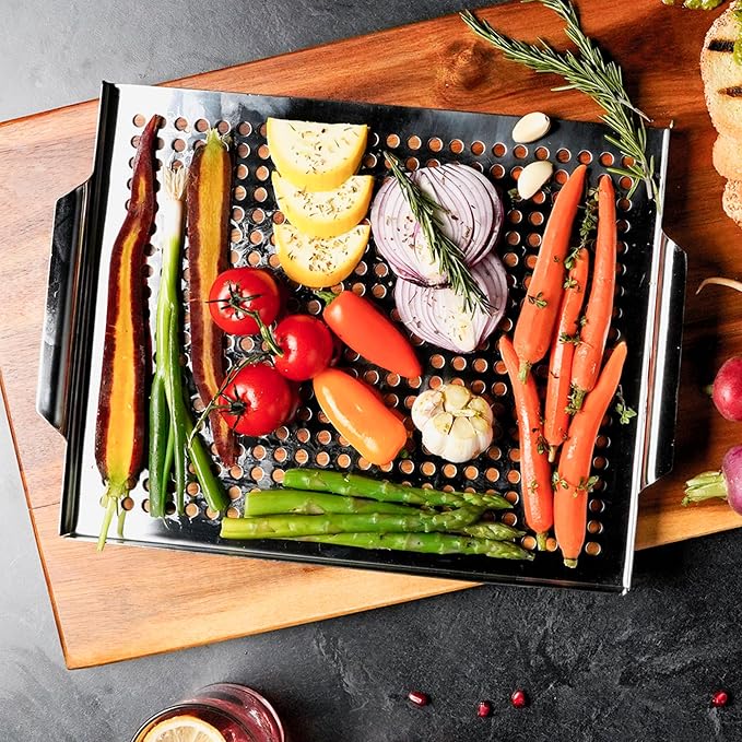 Stainless Steel BBQ Grill Topper Pan Tray for Vegetables, Meats, Skewers & Seafood - Grill Pan for Gas & Charcoal Grills & BBQ - Outdoor Cooking, Grilling, Camping & Tailgating by Mr. Bar-B-Q 06032Y