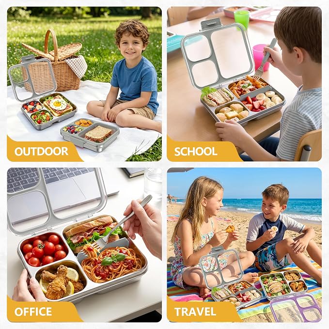LOHASOK Stainless Steel Bento Lunch Box, 34oz/1000ml,Gray | 3-Compartment, Leak Proof, Lightweight, Clear Plastic Lid, for Kids Adults, BPA/BPS Free, Dishwasher Safe