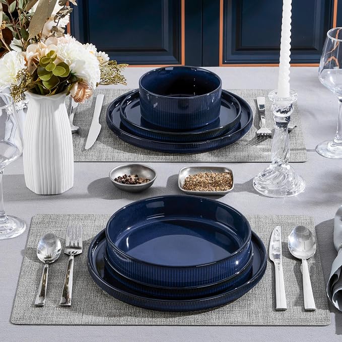 LIANYU 24 Piece Dinnerware Sets with Pasta Bowls for 6, Ribbed Dishes Plates and Bowls Set, Microwave & Dishwasher Safe Ceramic Stoneware for Home Kitchen, Scratch and Chip Resistance, Twilight Blue