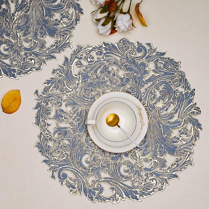 Evevda 15 inch Gold and Blue Placemats Set of 6 Round Reusable Place Mat | Vinyl Plastic Kitchen Table Mats for Home Wedding Party Dining Table Decoration