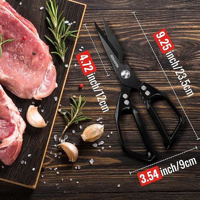 5-in-1 Kitchen Scissors with Tweezers, Black | Titanium Coated Blades, Aluminum Alloy Handle, Fish Scaling Edge, Bottle Opener, Nutcracker, Poultry Tweezers,Dishwasher Safe