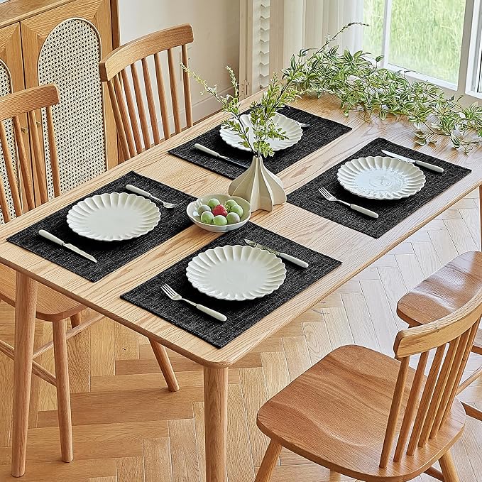 Softalker Faux Linen Placemats Set of 8-12 x 18 Inch, Heat Resistant Double Layered Durable Burlap Farmhouse Place Mats, Non-Slip Washable Rustic Table Mats for Dining, Kitchen, Party(Black