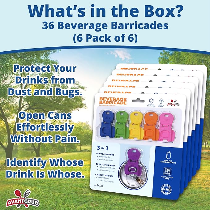 Complete Cover Easy Tab Opener New and Improved 36PK Beverage Barricade 2.0 by Avant Grub. Colorful Drink Can Protector Cap for Soda, Beer, Coke Shields From Bugs, Bees, Dust at the Party, BBQ, Beach