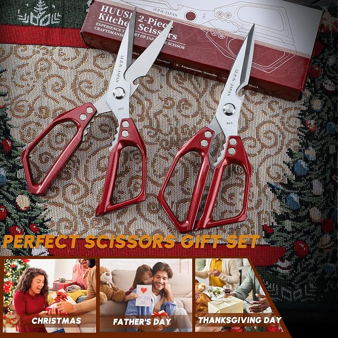 Huusk Kitchen Scissors all Purpose - Japanese Kitchen Shears for Food | Heavy Duty Meat Scissors with Non-Slip Handle for Chicken Bones and Turkey, Gifts for Women Men