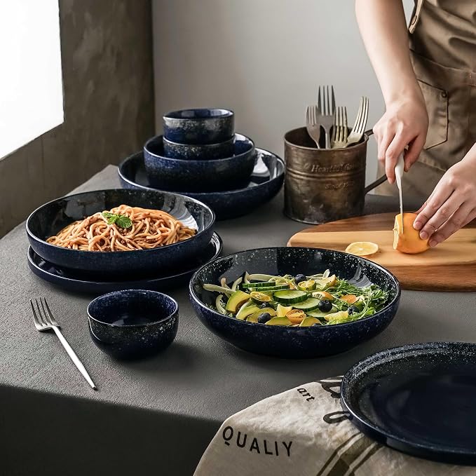 S&Q'S CERAMICS Large Serving Bowls Set of 4, 65 ounce Large Salad Bowls, 10'' Ceramic Wide Shallow Bowl Plates, Pasta Serving Dishes for Party, Entertaining, Microwave Safe(Navy Blue)
