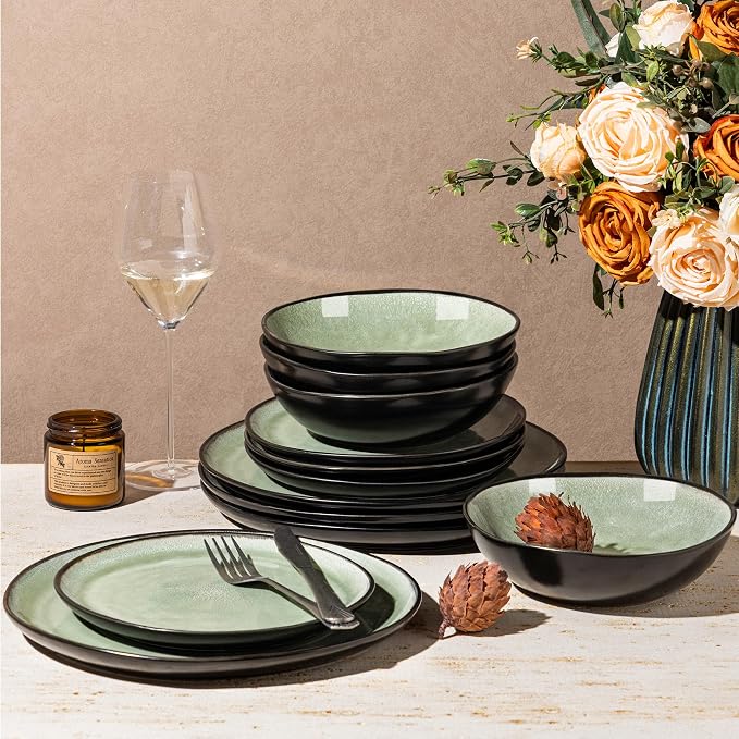 AmorArc Ceramic Dinnerware Sets for 4, 12Pcs Plates and Bowls Sets Dishes | Stoneware Handmade Reactive Glaze Dinner Set, Highly Scratch Resistant | Dishwasher & Microwave Safe Dishware