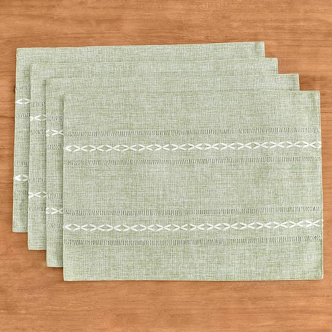 Wracra Cotton Linen Place Mats, Sage Green Embroidered Placemats Set of 8 | Placemats 12 x 18 Inch; Cotton Linen Woven Fabric; Heat Resistant Table Mats; Raised Embroidered Hollow Design