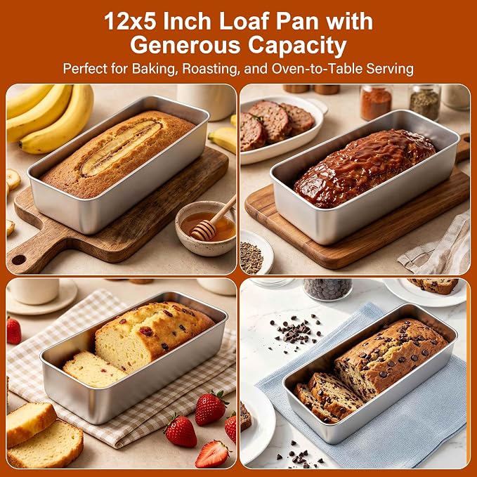 Homikit Stainless Steel Loaf Pans, 12x5 Inches Large Bread Pan Set | 2 Pack Metal Meatloaf Tins, Great for Long Sandwich Sourdough, Non Toxic & Nonstick, Oven & Dishwasher Safe