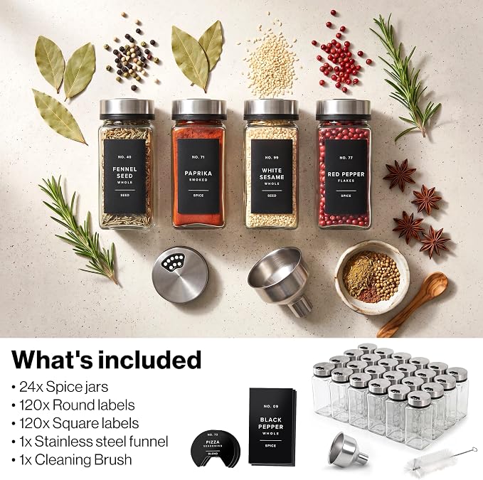 Glass Spice Jars with Label and Silver Sprinkle Lids (24 x 4oz) | Airtight Lids keep spices fresh, Kitchen Spice Drawer Organizer, 4oz Seasoning Containers incl. Funnel, Brush & 240 Labels