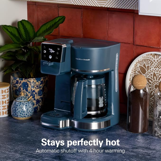 Hamilton Beach 2-Way Drip Coffee Maker & Single Serve Coffee Machine | Hot & Iced Coffee Maker| 12 Cup Glass Carafe| AquaFlow Showerhead | Auto Pause & Pour | Kitchen Makeover Blue |47502J