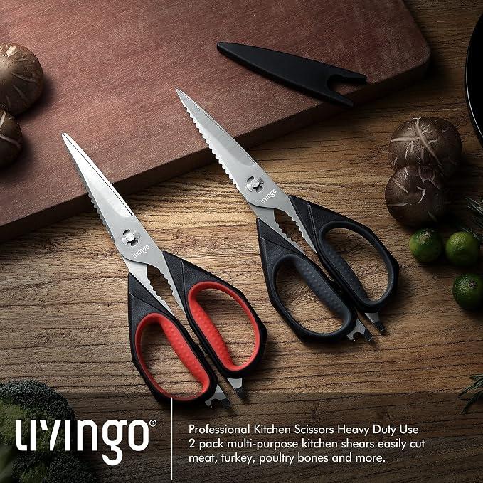 LIVINGO Kitchen Scissors, 2 Pack 9.25" Utility All Purpose Poultry Shears Heavy Duty Dishwasher Safe, Come Apart Sharp Stainless Steel Cooking Food Scissors for Cutting Meat, Chicken, Vegetable, Fish | Heavy Duty Stainless Steel, Come Apart Design, Dis...
