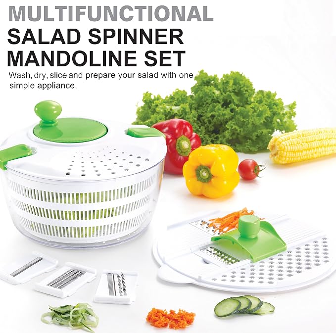 HUJI Salad Spinner and Mandoline Multifunctional Set, Vegetable Dryer With 6 Blades and Pouring Spout - 4L (2PK)