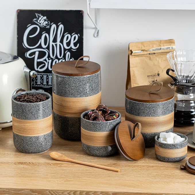 Miamolo Large Coffee Container with Lid, Ceramic Kitchen Food Storage Jar | Stackable Coffee Canisters, Airtight Lid for Tea Sugar Dry Goods | Stackable Decorative Jar for Bar Station | Grey & 61 fl.oz