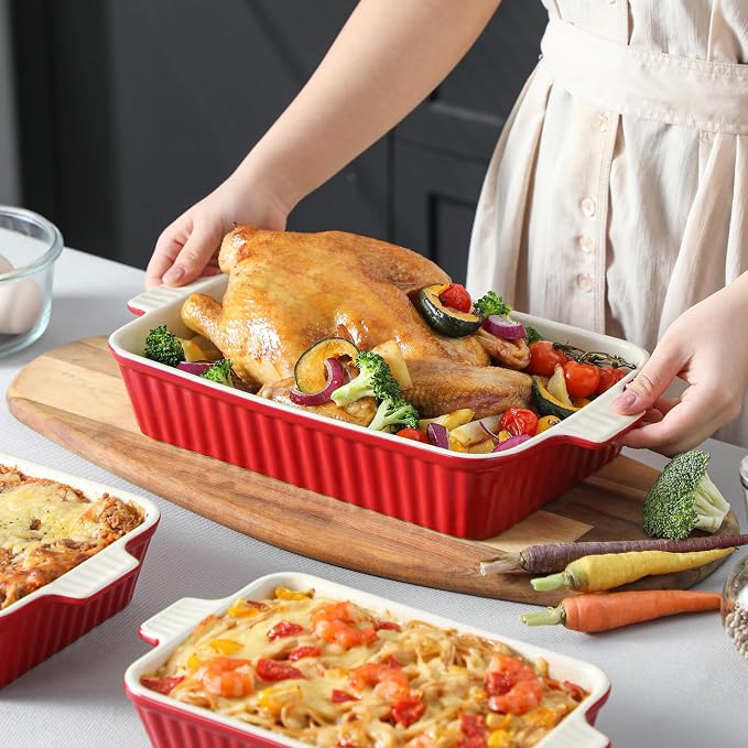 MALACASA Ceramic Casserole Baking Dishes Set of 4, Red with Handles | Rectangular Lasagna Pan Bakeware for Roasting Vegetable, Cake, Housewarming Gift, Oven Dishwasher Safe 9.4/11.1/12.2/14.7"