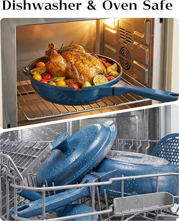 FDN 8" Ceramic Non Stick Frying Pans With Lid, Titanium Pans for Cooking, Non-Toxic PFAS-Free, Induction & Oven-Safe Cookware, Blue For Daily Cooking