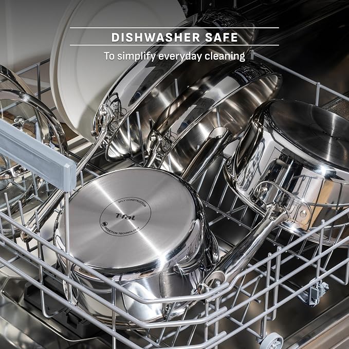 T-Fal Pro Tri-Ply Stainless Steel 2 qt Saucepan with Lid, Induction Pot | NSF-certified tri-ply build, Glass lid traps heat, Oven safe to 500 °F, Built-in measuring marks, All cooktops compatible