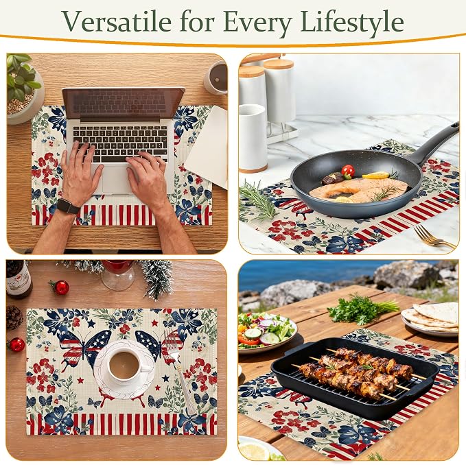 Independence Day Cloth Placemats,American Butterfly Flowers Heat-Resistant Table Placemats Set of 6, Washable Linen Place Mats for Dining Room Table Decor Home Restaurant Cafes Party 11.8x17.7 Inch