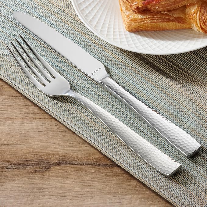 Hudson Essentials 60-Piece Hammered 18/10 Stainless Steel Silverware Cutlery Set, Flatware Service for 12