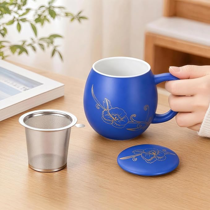 Yundu 12 OZ Ceramic Mug with Lid & Tea Strainer - Matte Blue Tea Cup with Golden Flower, Stainless Steel Infuser for Loose Leaf Tea