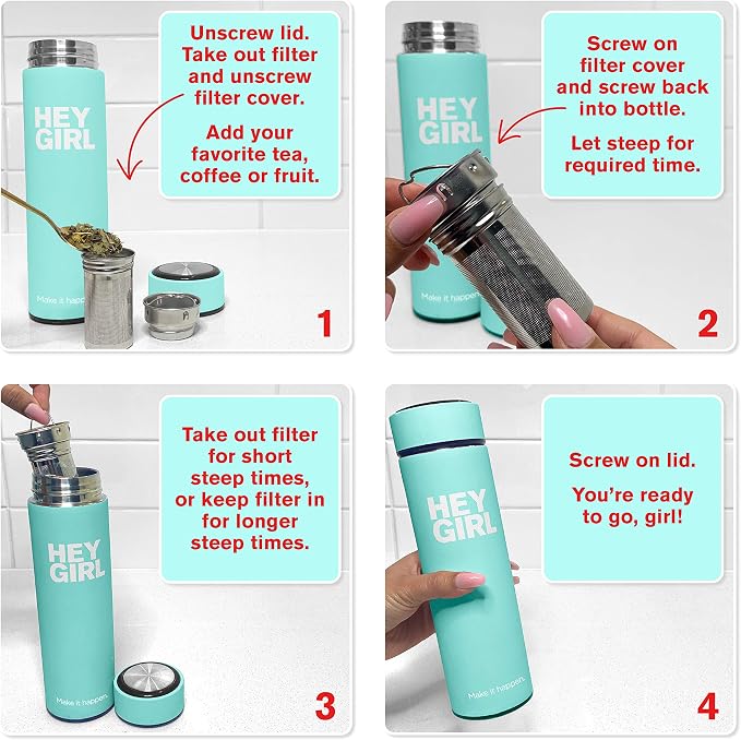 Hey Girl Tea Infuser Bottle 450ml - Insulated Stainless Steel Water Bottle - Tea Tumbler with Tea Diffuser - Portable Travel Mug for Loose Leaf Tea & Infused Water - Tea Lovers Gifts for Women