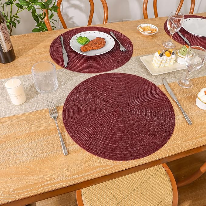 SHACOS Round Placemats Set of 6 for Dining Table 15 inch Round Braided Place Mats Washable Non Slip Kitchen Table Mats, Burgundy
