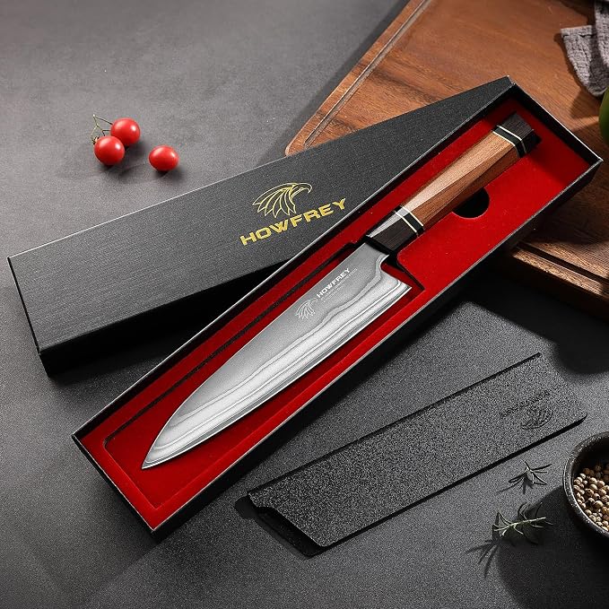 Japanese Chef Knife, Hand Forged 8 Inch 9 Layers 9CR18MOV High Carbon Steel Kitchen Knife with Bubinga Non-standard Octagonal Handle, Cooking Knives for Home Kitchen Gift Idea