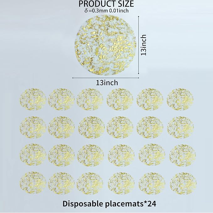 Snowkingdom Gold Placemats Set of 24 Round 13 Inch Foil Mesh Pressed Fall Disposable Table Mates 24 Pack Gold Doilies for Dining Table Wedding Birthday Party Holiday Home Decoration