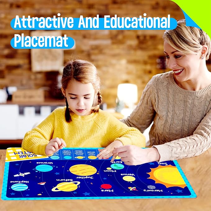 6 Pack Placemats for Kids, Non-Slip Washable, Reusable Alphabet, Number, Shape & Color, Universe, Map Themed Educational Placemats for Home, Kindergarten, Classroom, Nursery