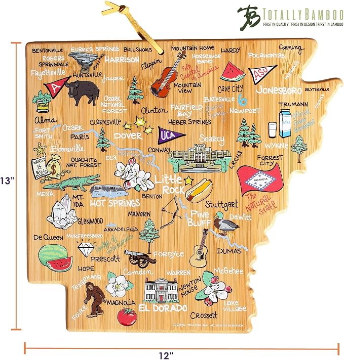 Totally Bamboo Arkansas State Shaped Cutting Board, Art by Fish Kiss | State charcuterie board with colorful hand-drawn map artwork. Smooth reverse side for food prep. Hang tie for wall display.