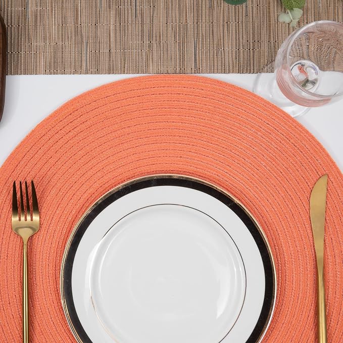 SHACOS Round Braided Placemats Set of 6 Washable Cotton Polyester Round Placemats for Kitchen Table 15 inch Round Table Mats (Coral, 6)