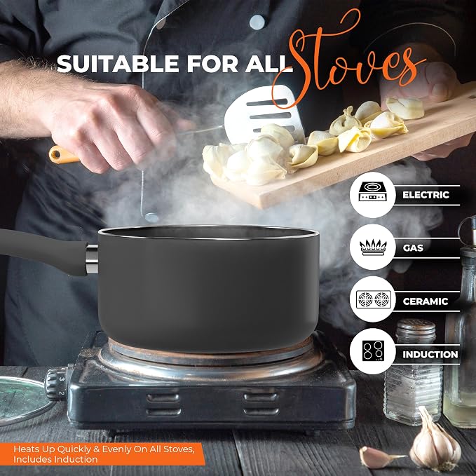 Utopia Kitchen 2 Quart Detachable handle Nonstick Saucepan with Glass Lid, Multipurpose Use for Home, Kitchen or Restaurant, Grey & Black (Pack of 2)